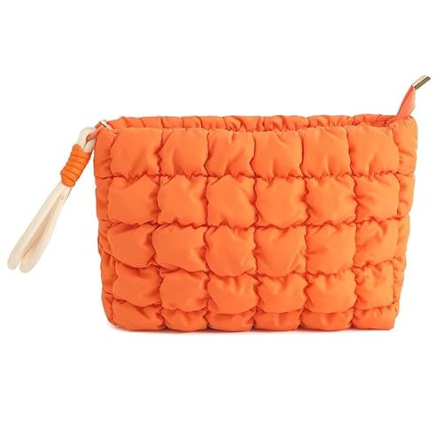 DOB SECHS Puffer Quilted Makeup Bag with Handle, Cute Puffy Cotton Cosmetic Bags for Women, Mini Checkered Toiletry Zipper Pouch, Travel Essentials Storage Organizer Clutch Pouches Pencil Case, Orange | Amazon (US)