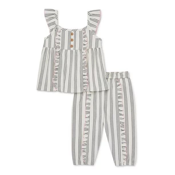 Wonder Nation Baby Girl Striped Ruffle Tank & Pants, 2pc Outfit Set | Walmart (US)