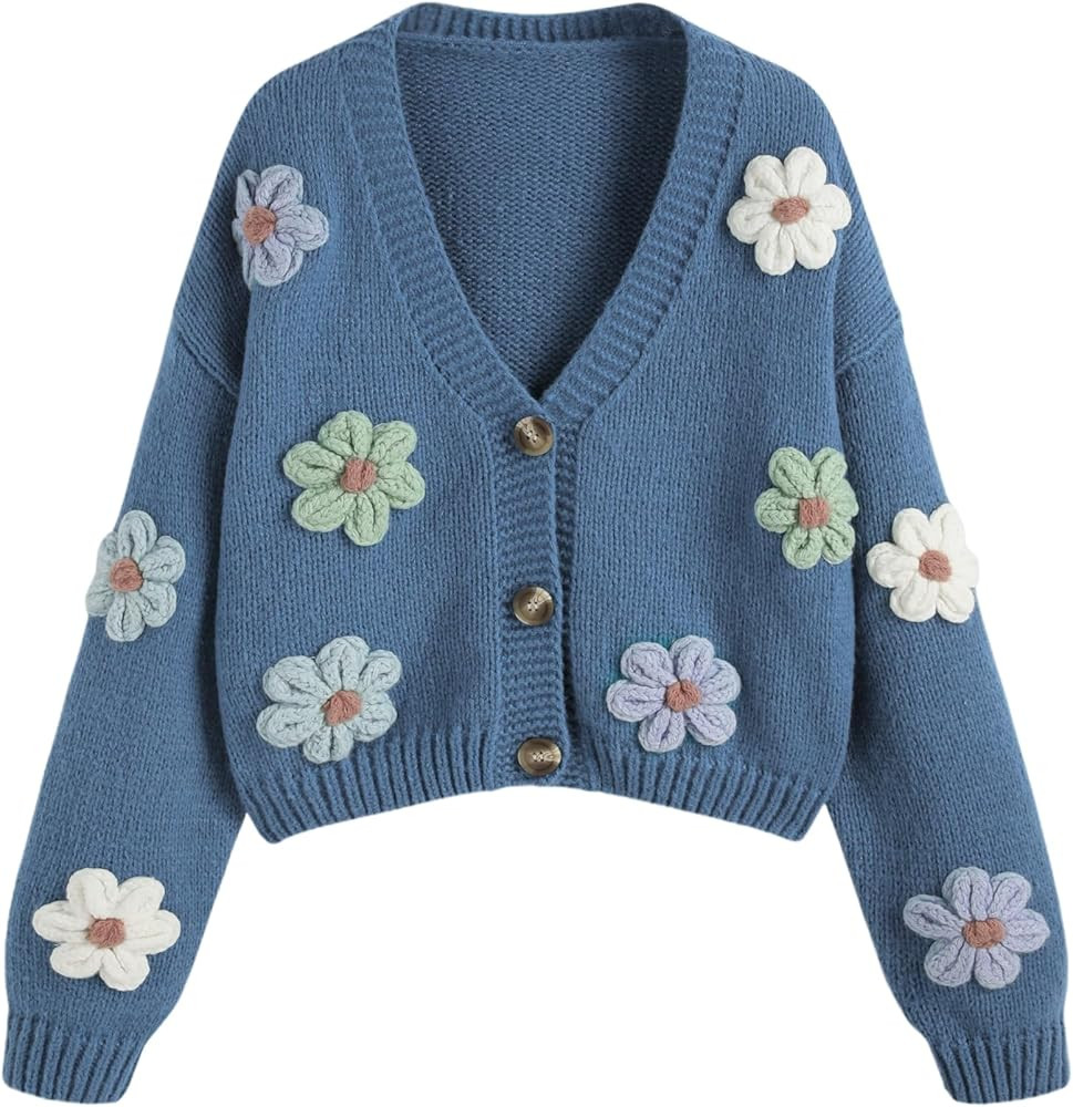 CIDER Women’s Floral Cropped Cardigan Cute Flower V Neck Button Down Trendy Sweater | Amazon (US)