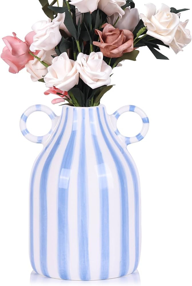 Ceramic Blue and White Striped Vase, Hand-Painted Modern Minimalist Bohemian Decor, Central Dinin... | Amazon (US)