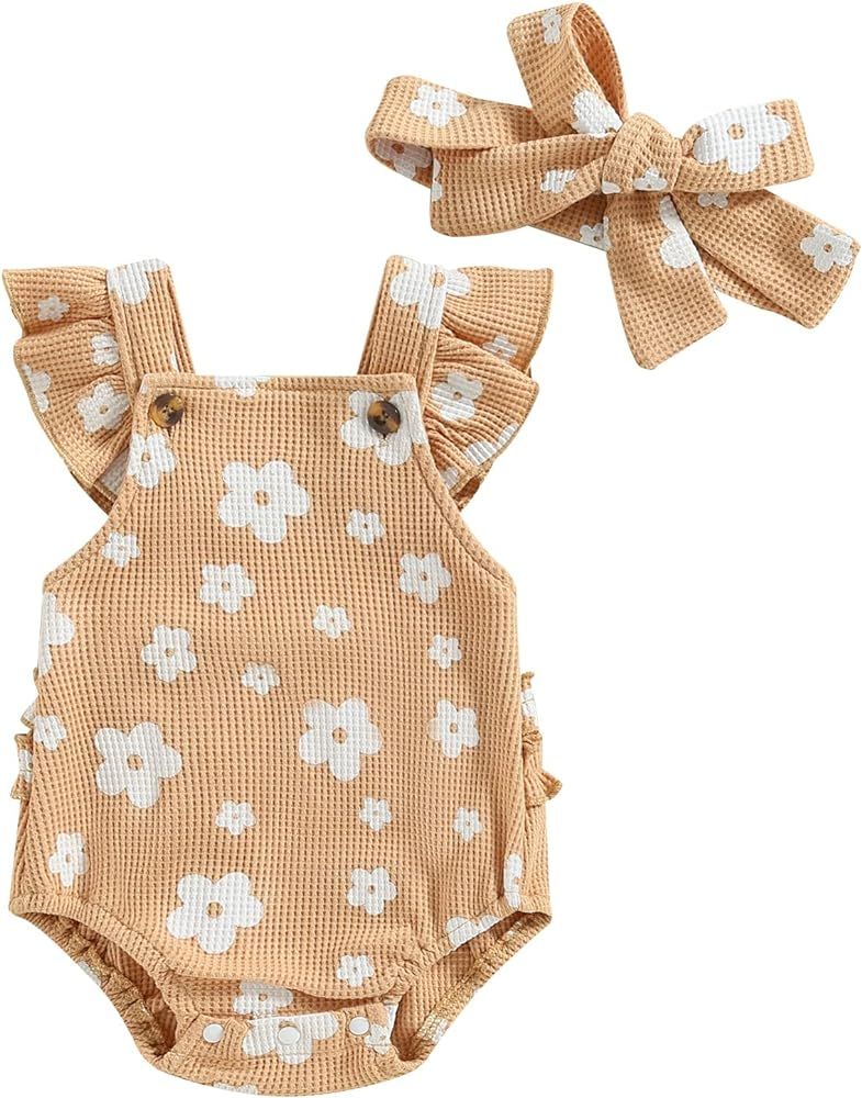 Meihuida Newborn Baby Girl Sleeveless Rompers Summer Clothes Cotton Bodysuit with Headband | Amazon (US)