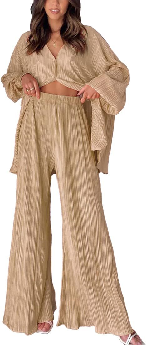 ONIRIKE Womens Loungewear Set 2 Piece Sweatsuits Outfits Casual Pleated Long Sleeve Button Down Shir | Amazon (US)