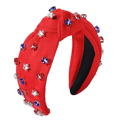 4 th of July Headband for Women American Flag Knotted Headband Red White Blue Crystal Star Charm Fourth of July Patriotic Wide Hairband Independence Day Party Favor Decor | Amazon (US)