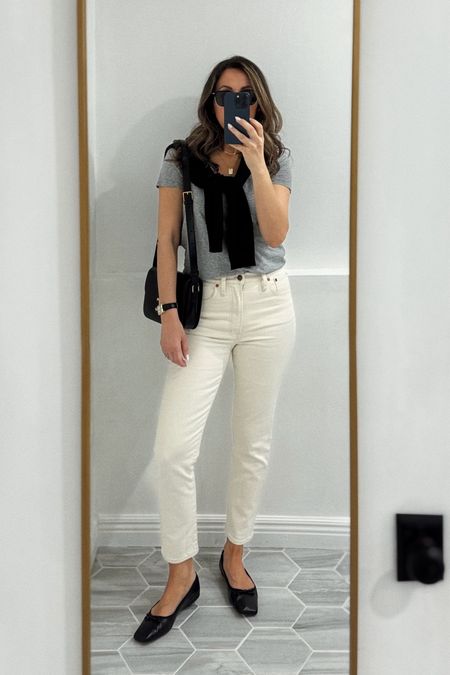 Updated version of these Madewell jeans has raw hem. But also linked J Crew ones which are also very similar.  
Sézane Tee tts.  Linked a similar style for less from Gap  
Flats old but linked very similar styles. 
Cashmere sweater in small (I always side up as I like them relaxed).  


#LTKover40 #LTKsalealert #LTKstyletip