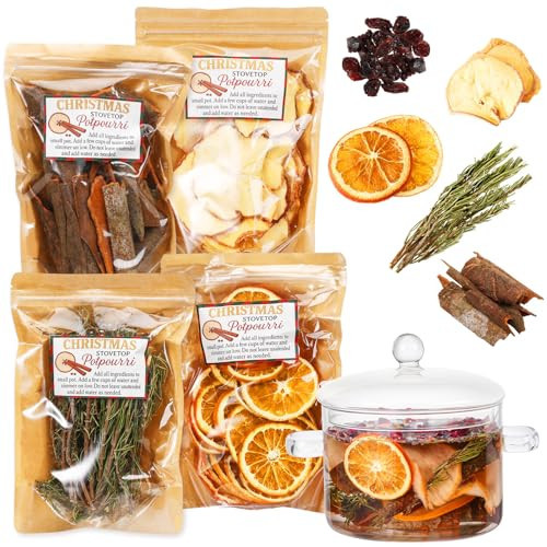 Vesici 4 Pack Christmas Potpourri Simmer with Glass Pot Dried Apple Slices Cinnamon Dried Orange Slices and Star Anise Simmer for Home Fragrance Housewarming Hostess Gift | Amazon (US)