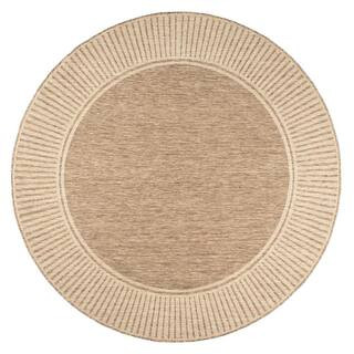 Asha Simple Border Light Brown 6 ft. 7 in. x 6 ft. 7 in. Round Indoor/Outdoor Patio Area Rug | The Home Depot