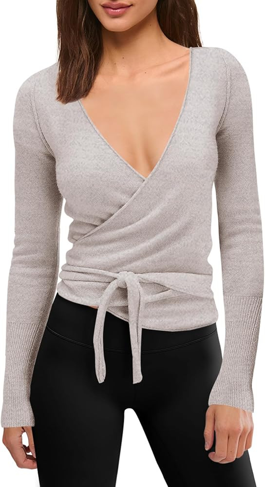 Panadila Womens Pilates Wrap Top Ballet Long Sleeve Tie Front Tops Yoga Shrug Reversible Sweater ... | Amazon (US)