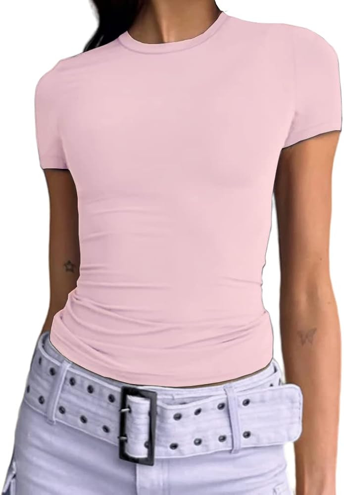 Women's Casual Basic Going Out Crop Tops Slim Fit Short Sleeve Crew Neck Tight T Shirts | Amazon (US)
