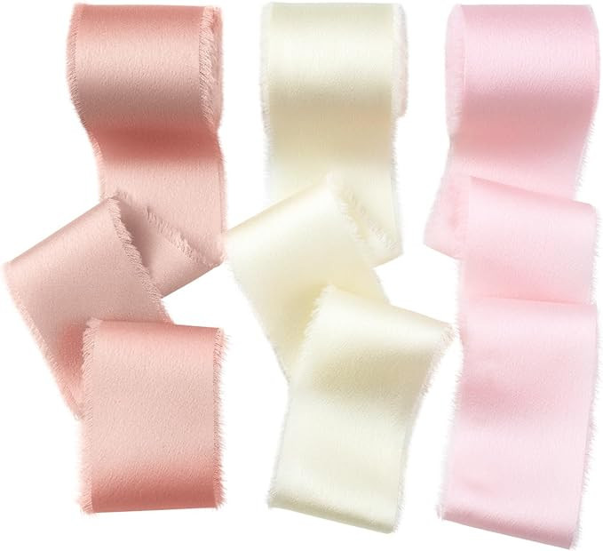 Mlurcu Chiffon Ribbon Silk Satin Ribbon 1-1/2 Inch Wide Pink Rose Gold Ivory Fabric Ribbon 3 Roll... | Amazon (US)