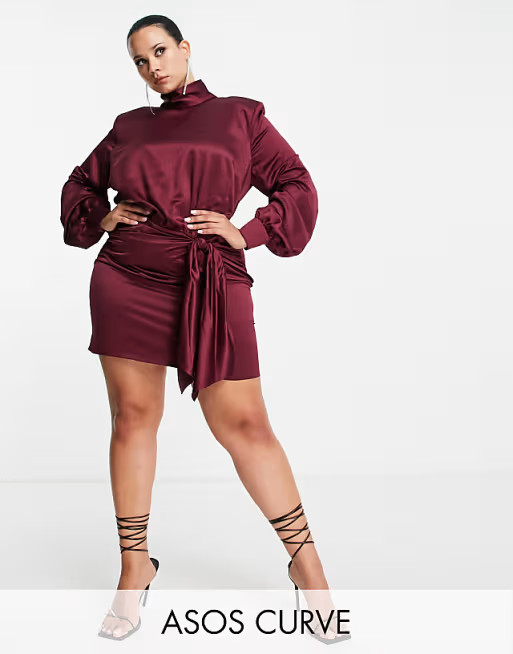 ASOS DESIGN Curve high neck mini dress with sash waist detail in wine | ASOS (Global)