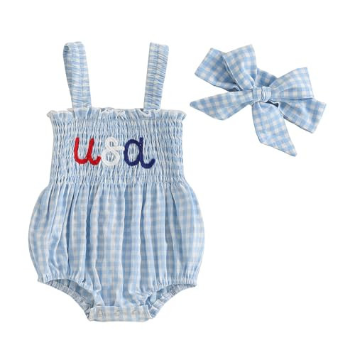 Kuriozud 4th of July Outfits Baby Girl USA Romper Fourth of July Onesie Independence Day Bodysuit Memorial Day Clothes (Blue USA, 6-12 Months) | Amazon (US)