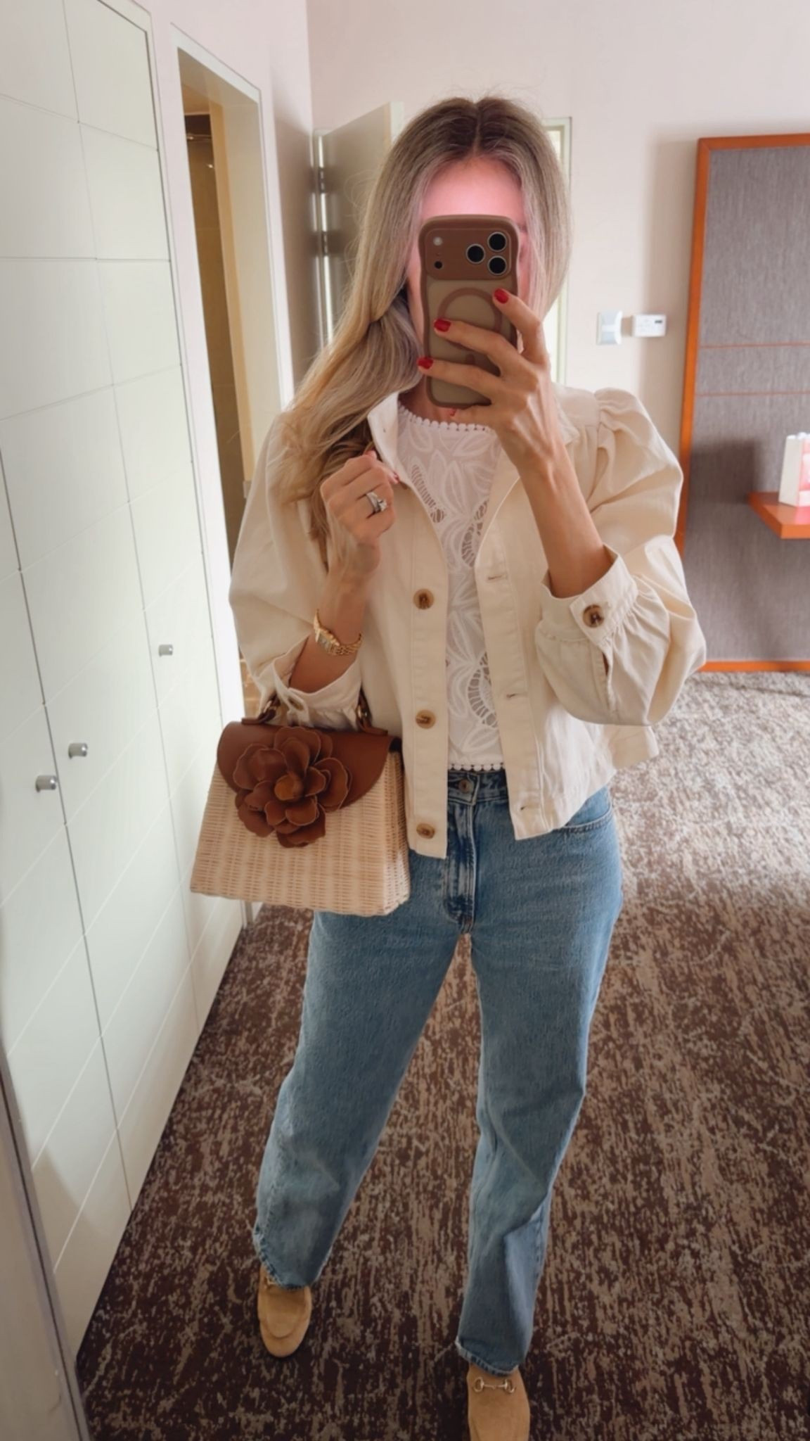 Casual chic spring and summer outfit idea. 
Everything runs true to size I’m wearing size small and 27 tall on bottoms. 
Jeans, jacket, Gucci shoes. 

#LTKU #LTKSeasonal #LTKootd