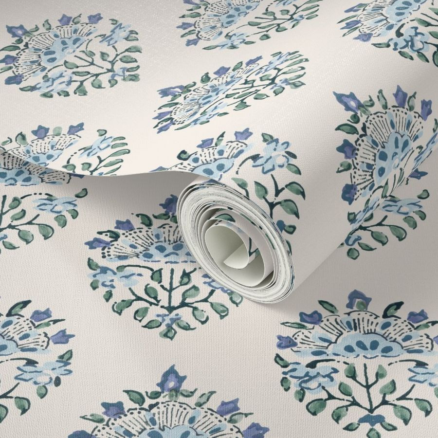Handblock Medallion Blue on Ivory | Spoonflower