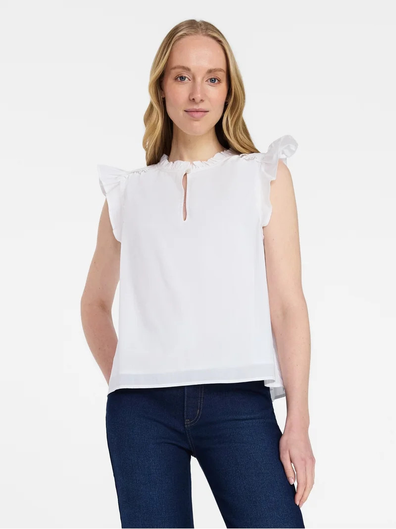 Time and Tru Women's Cotton Split Neck Top with Flutter Sleeves, Sizes XS-XXXL | Walmart (US)