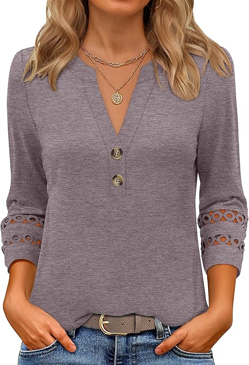 ANRABESS Womens 3/4 Length Lace Sleeve Tops Henley V Neck Shirts Dressy Casual Business Blouses 2... | Amazon (US)