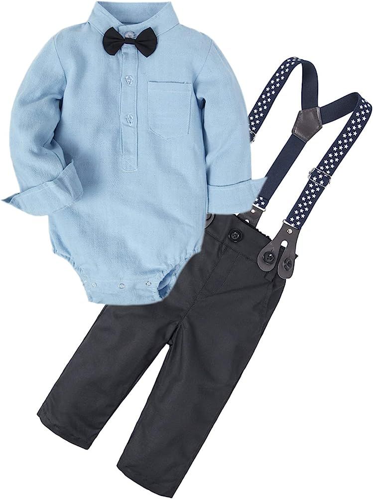 Baby Boys' 2 Pieces Gentleman Clothes Sets Bow Tie Shirts + Suspender Pants Best Birthday Gifts | Amazon (US)