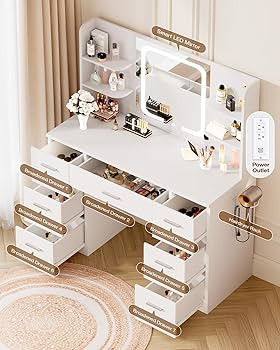 LIVELYGLOW White Large Makeup Vanity Desk with Smart LED Mirror & Power Station, 43" Professional... | Amazon (US)