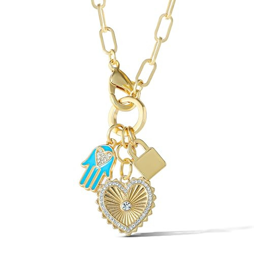 Jessica Simpson Womens Triple Charm Necklace 17" - Gold-Tone Necklace with Lock Charm and Heart Charms | Amazon (US)