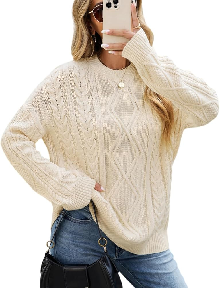 CiCiBird Women Fall Sweater Oversized Cable Knit Tops Fashion Crewneck Pullover 2025 Long Sleeve ... | Amazon (US)