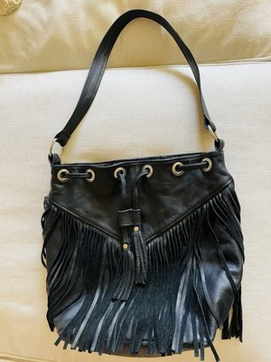 Vintage Black Genuine Leather Fringe Drawstring Bucket Purse Tote Boho Hippie | eBay UK