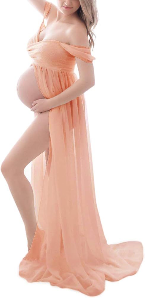 Maternity Dress for Photography Off Shoulder Chiffon Gown Split Front Maxi Pregnancy Dresses for Pho | Amazon (US)