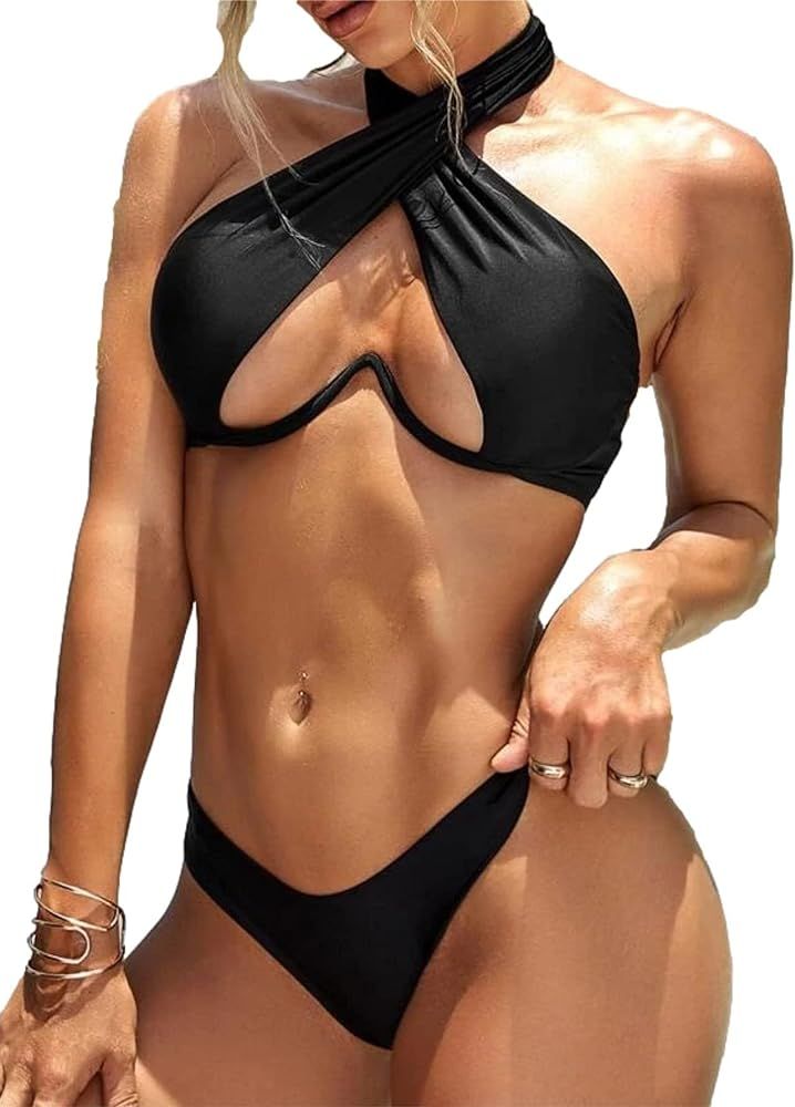 Lilosy Sexy Cute Underwire Cutout Halter Bikini Swimsuit Set Women Criss Cross Bathing Suit 2 Piece | Amazon (US)