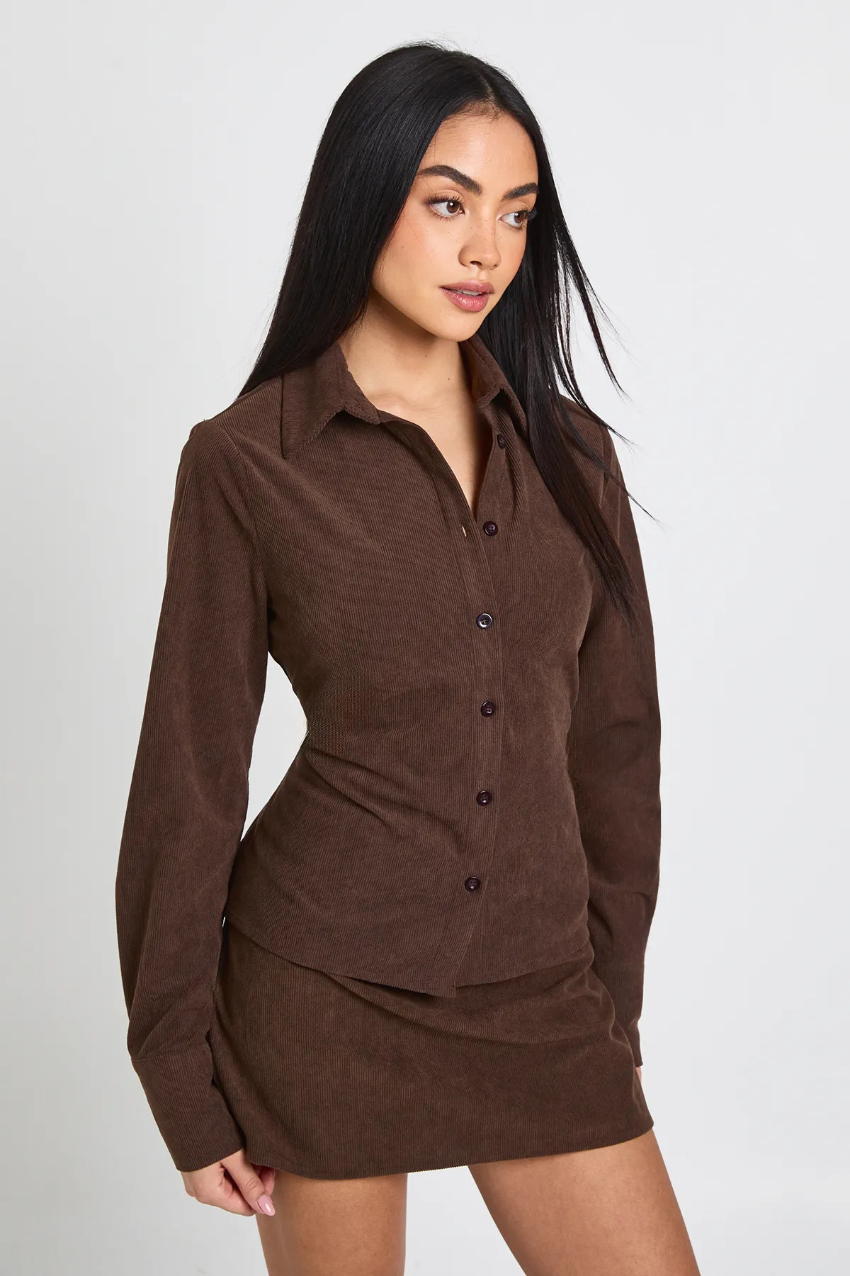 Chocolate Cord Cinched Shirt | Boohoo | Boohoo.com (UK & IE)