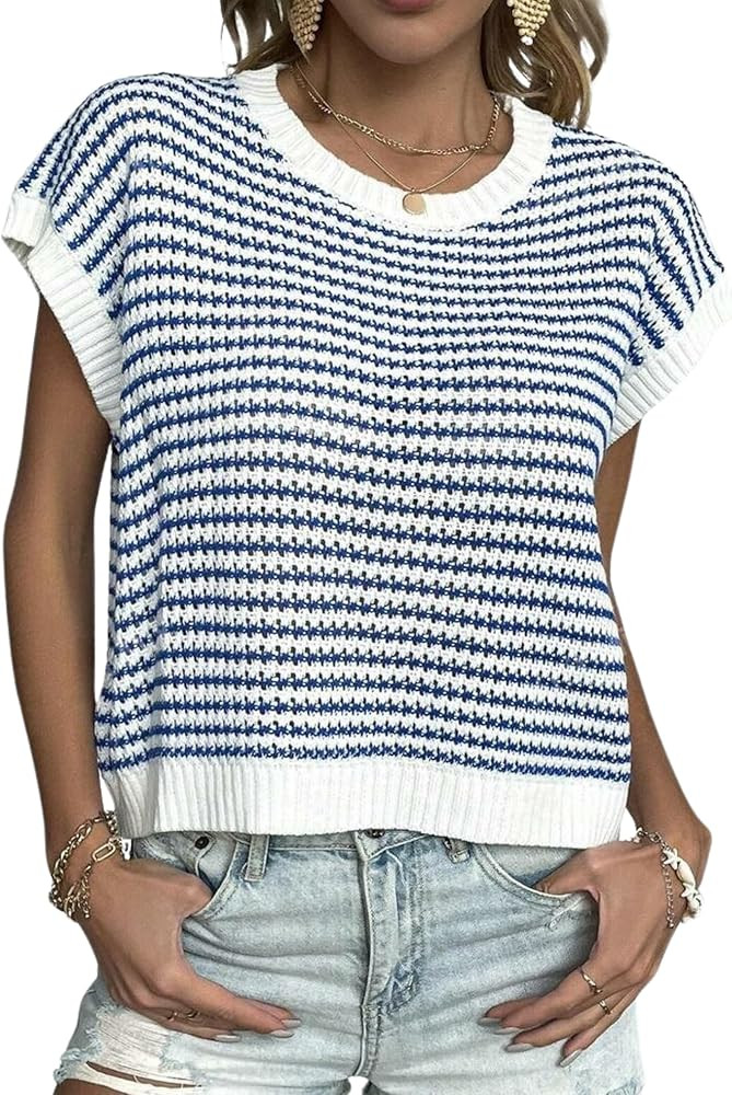 Zeagoo Women's Cap Sleeve Sweaters Vest Crew Neck Knit Sweater Tops 2025 Casual Summer Sleeveless... | Amazon (US)