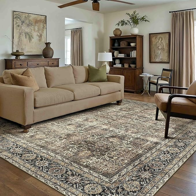 Vintage Area Rug 6x9 Brown Washable Living Room Large Carpet Non Slip Bedroom Indoor Office Low P... | Amazon (US)
