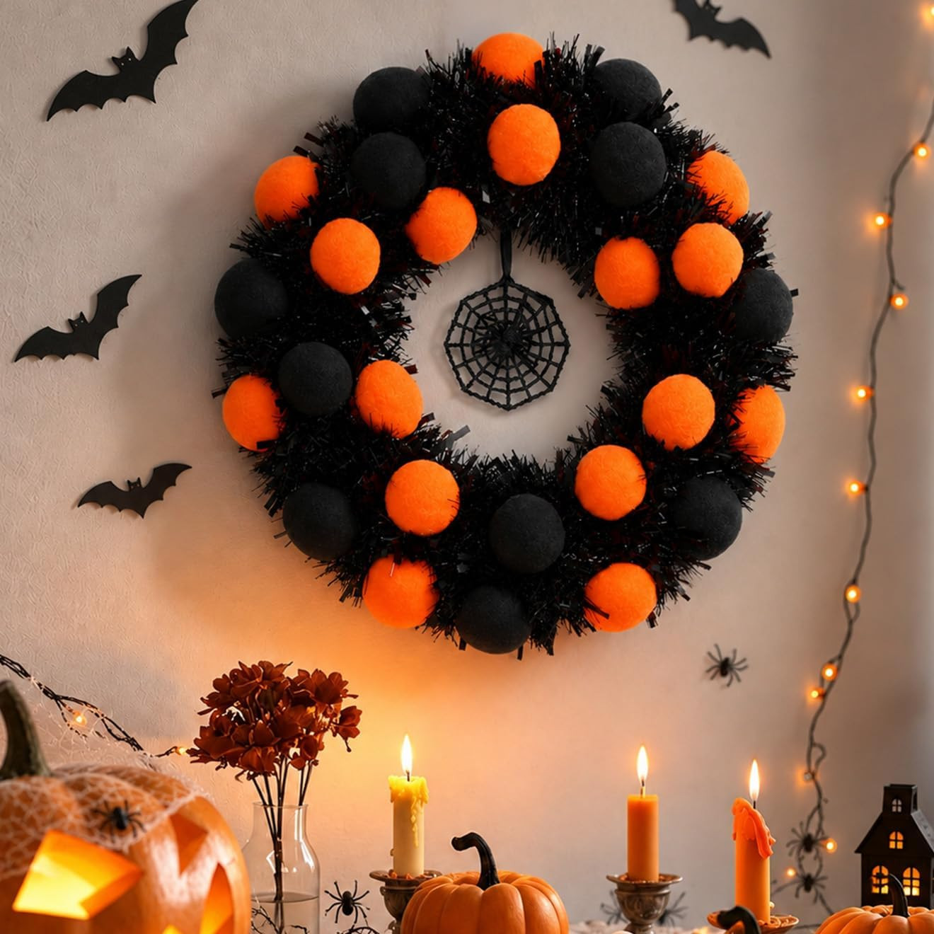 Grooy Halloween Wreath, Black Orange Pom Spider Web Decor for Front Door | Amazon (US)