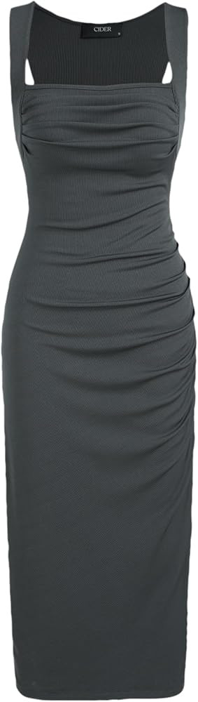 Women's Summer Dresses 2024 - Solid Square Neck Ruched Sleeveless Midi Dress | Amazon (US)