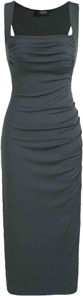 Women's Summer Dresses 2024 - Solid Square Neck Ruched Sleeveless Midi Dress | Amazon (US)