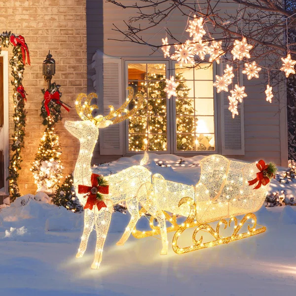 Christmas Lighted Reindeer & Santa's Sleigh Lighted Display | Wayfair North America