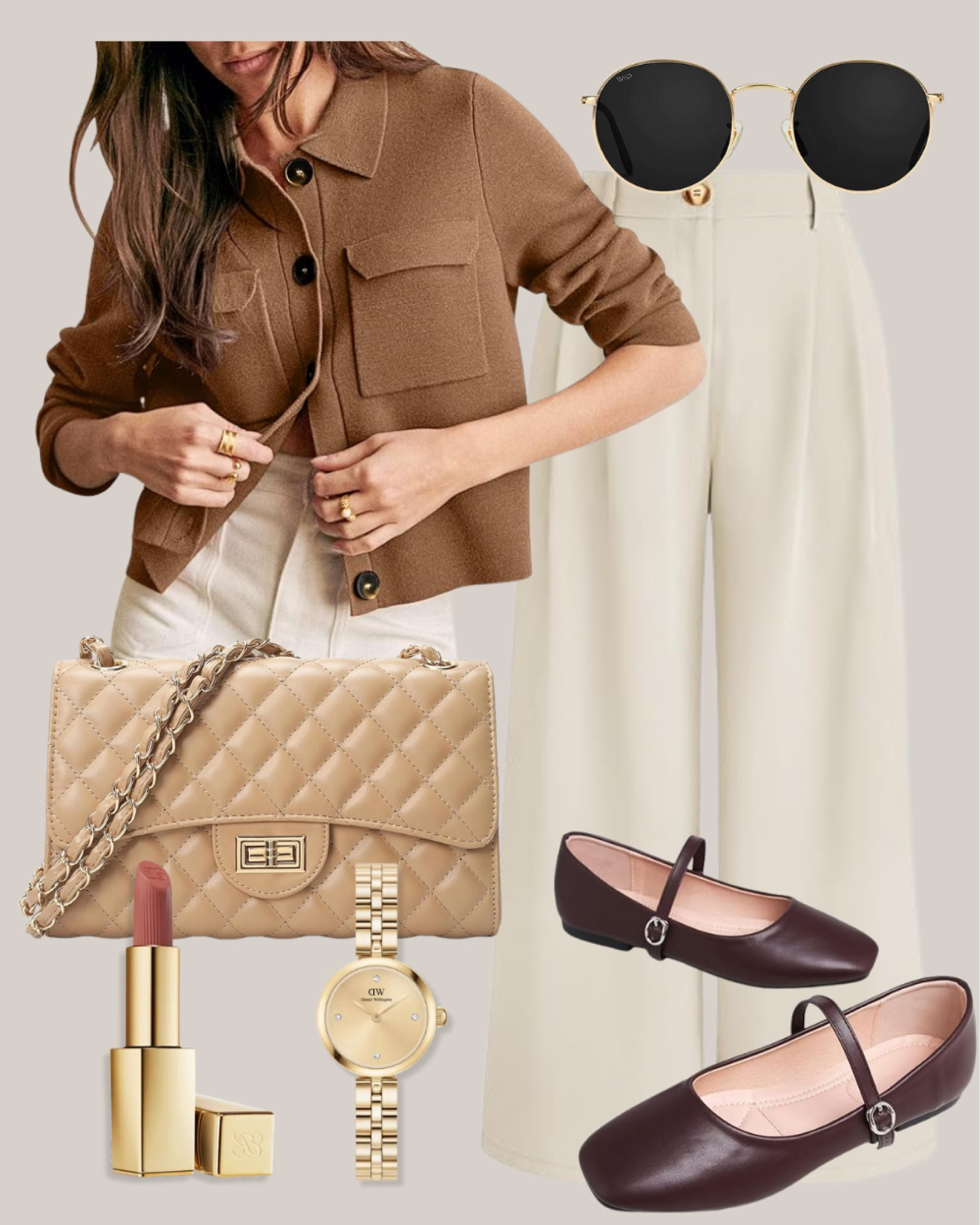 Brown sweater jacket
Brown cardigan
Cream pants
Cream wide leg pants
Gold round sunglasses
Tan quilted bag
Brown mary jane flats
Gold watch
Pink lipstick
Sezane Betty cardigan dupe
Amazon fashion
Amazon outfit
Smart casual outfit
Neutral outfit
Spring outfit
Work outfit

#LTKStyleTip #LTKWorkwear #LTKFindsUnder50