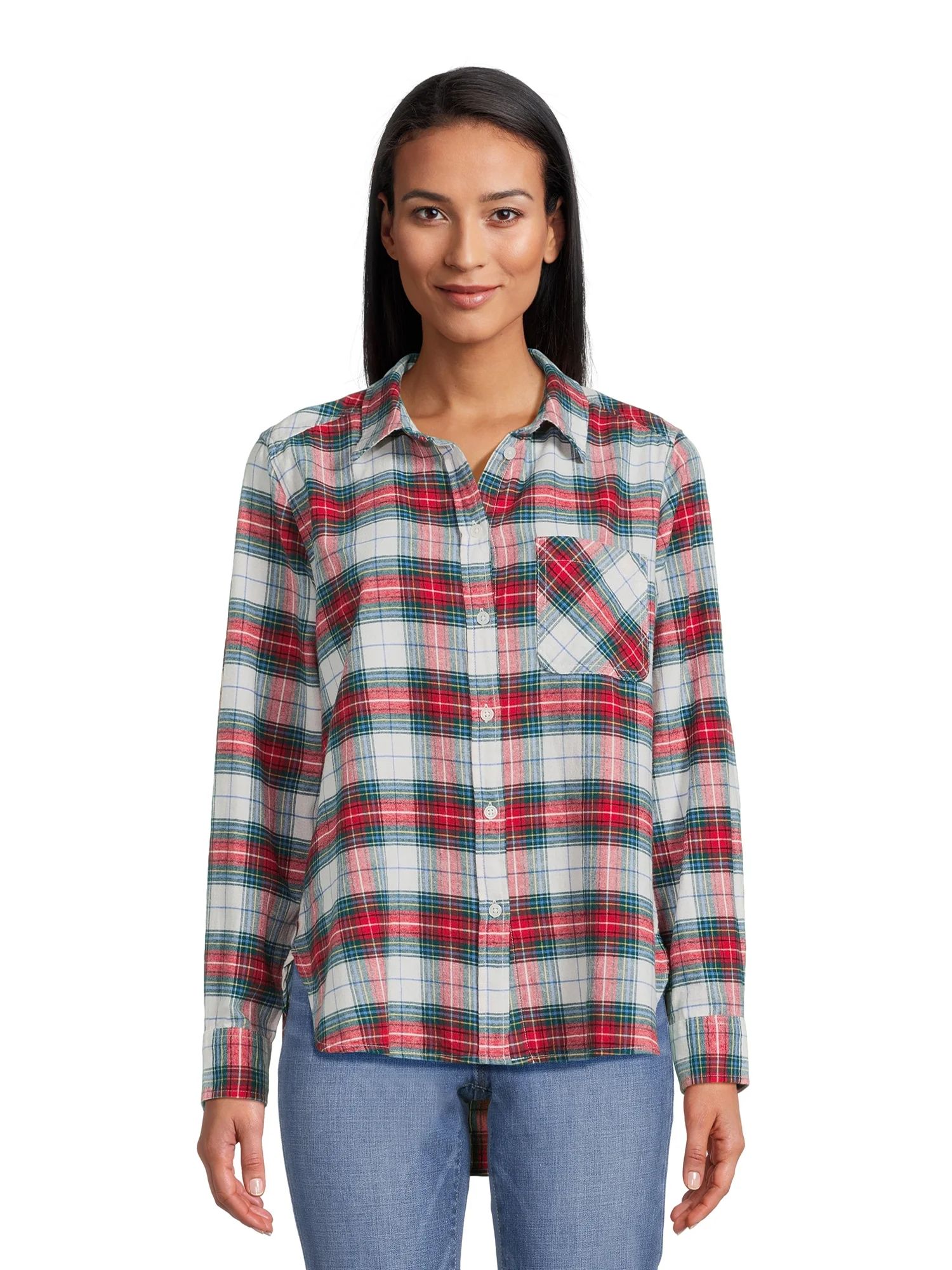 Time and Tru Women's Button Down Flannel Shirt with Long Sleeves, Sizes XS-3XL | Walmart (US)