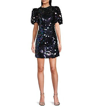 tyler boe Savannah Paillette Sequin Round Neck Short Puff Sleeve Bow Back Dress - M | Dillard's