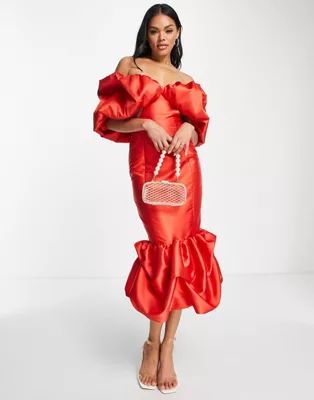 ASOS LUXE satin bubble Bardot midi dress in hot red | ASOS (Global)