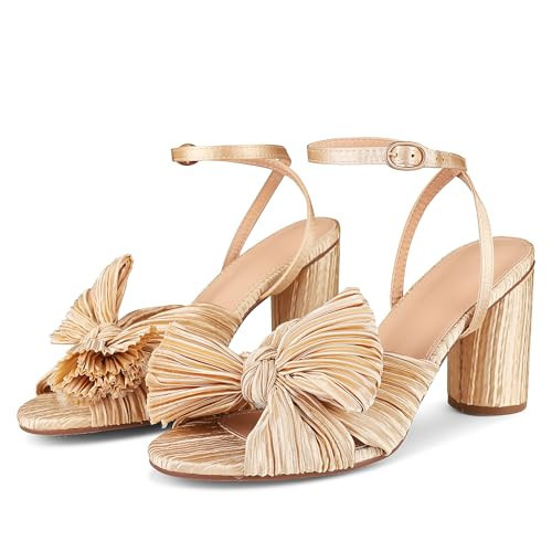 Womens Heeled Sandals Pleated Bow Knot Ankle Strap Open Toe High Block Chunky Heels Sandals Dress Bridal Wedding Shoes Pumps, A-gold（3.14"）, 4.5 UK | Amazon (US)