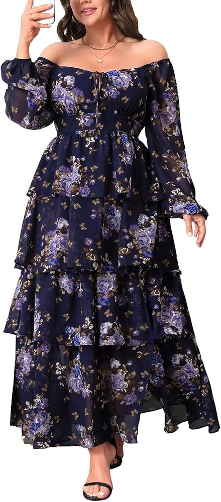 Womens Plus Size Floral Tiered Ruffle Long Sleeve Evening Party Wedding Guest Dress | Amazon (US)