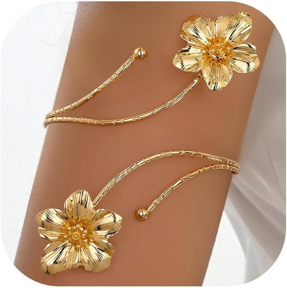 Long tiantian Flower Arm Cuff Gold Upper Arm Cuff Jewelry for Women Flower Bracelet Chunky Cuffs ... | Amazon (US)