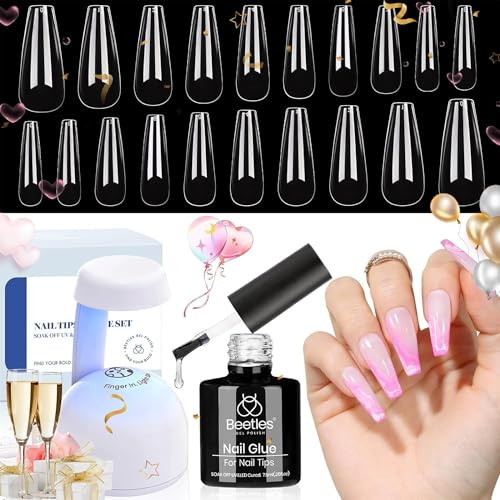 Beetles Gel Nail Kit Easy Nail Extension Set with 500Pcs Nail Tips Coffin Shape 5 In 1 Nail Glue Base Gel and Innovative Led Lamp Easy Diy Nails Art Home Gelly Tips | Amazon (US)