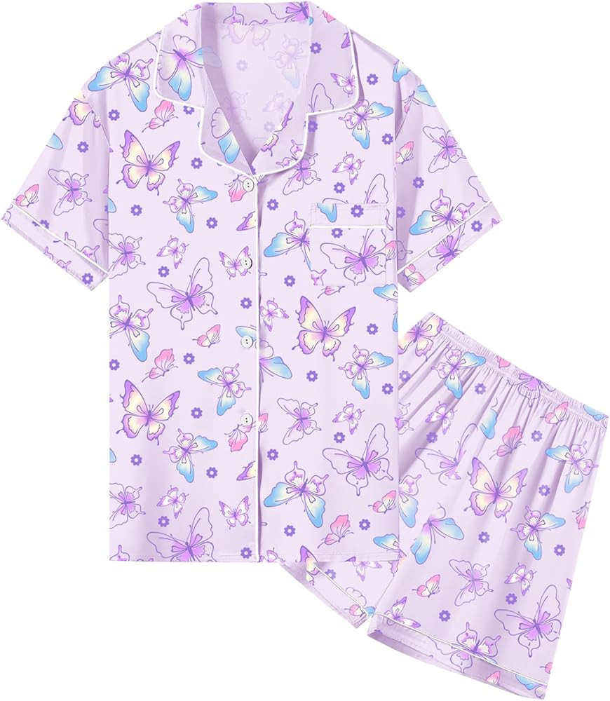 Umeyda Women & Girls Pajamas Set, Soft Satin Lightweight Silk Button-Down Top with Shorts 2 Piece... | Amazon (US)