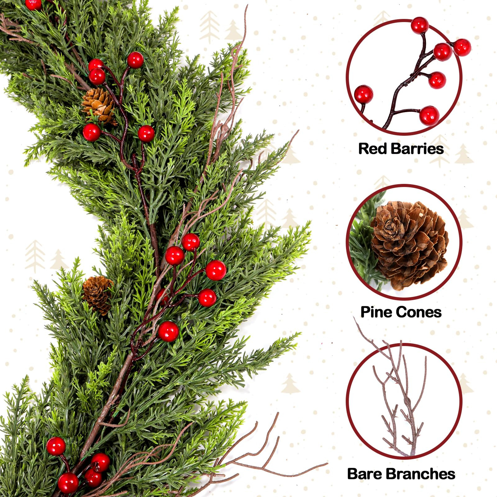 Faux Cedar Christmas Garland with Red Berries & Pine Cones – Full Faux Winter Greenery for Holi... | Amazon (US)