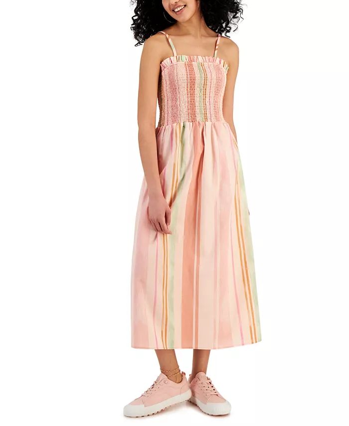 Juniors' Striped Smocked-Bodice Cotton Midi Dress | Macys (US)
