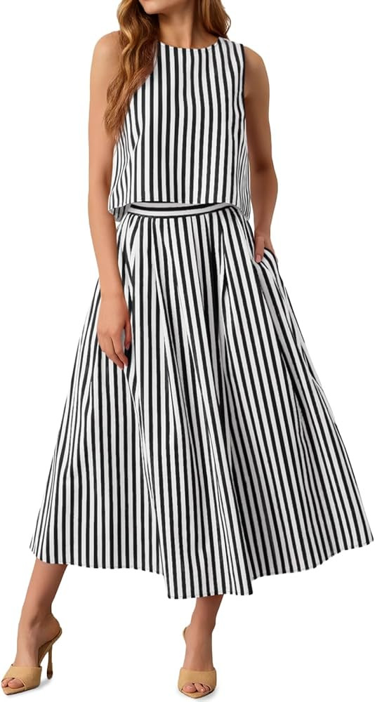 Tankaneo Womens 2 Piece Skirt Sets Summer Striped Sleeveless Tank Tops Midi Dress Travel Vacation... | Amazon (US)