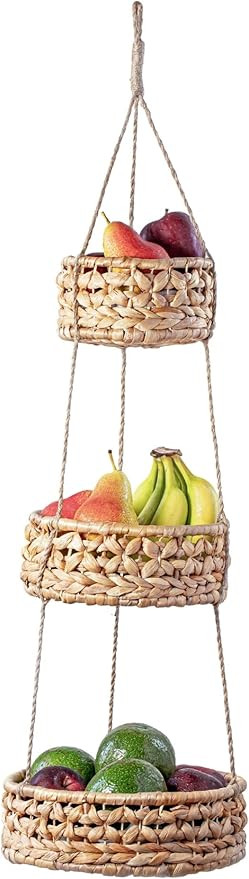 Hanging Fruit Basket 3 Tier, Woven Wicker Seagrass Wall Baskets, Boho Kitchen Storage Produce Veg... | Amazon (US)