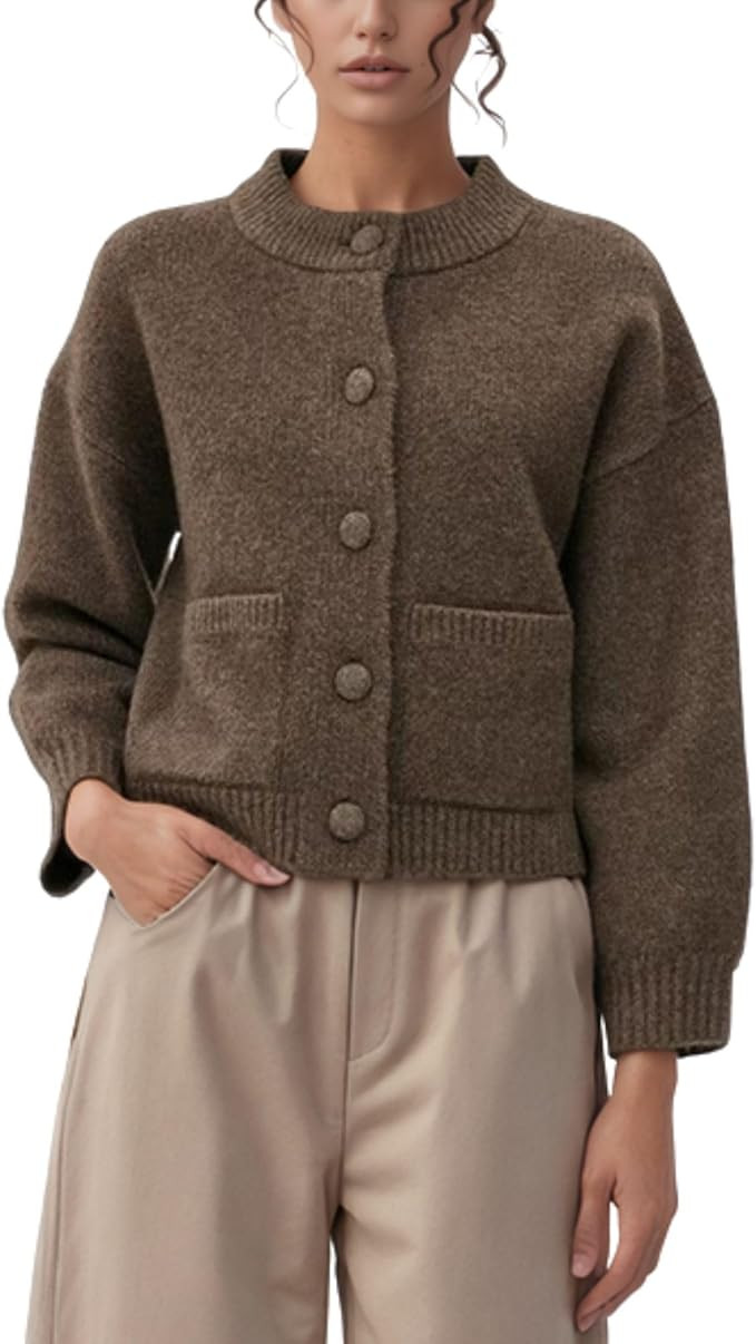 FindThy Women’s Chunky Cropped Knit Cardigan Long Sleeve Button Down Crewneck Fall Sweater Coat... | Amazon (US)
