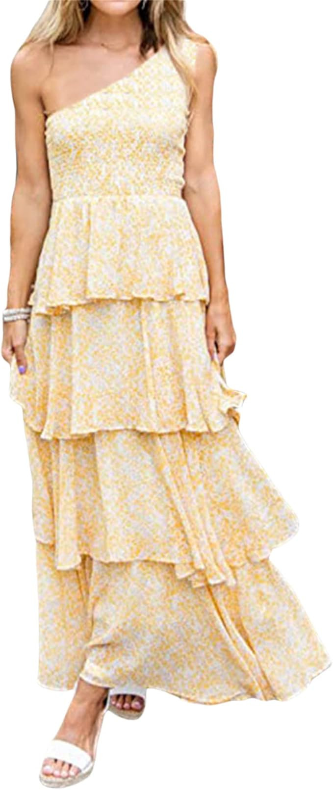 Women Summer One Shoulder Sleeveless Boho Maxi Dress Casual Solid Color High Waist A Line Tiered ... | Amazon (US)