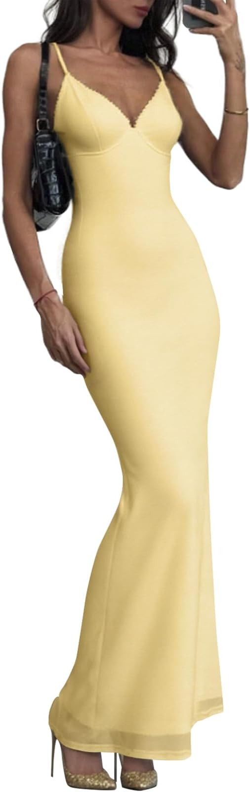 Women Sexy Spaghetti Strap Maxi Dress V Neck Lace Trim Mesh Night Club Party Bodycon Long Dress | Amazon (US)