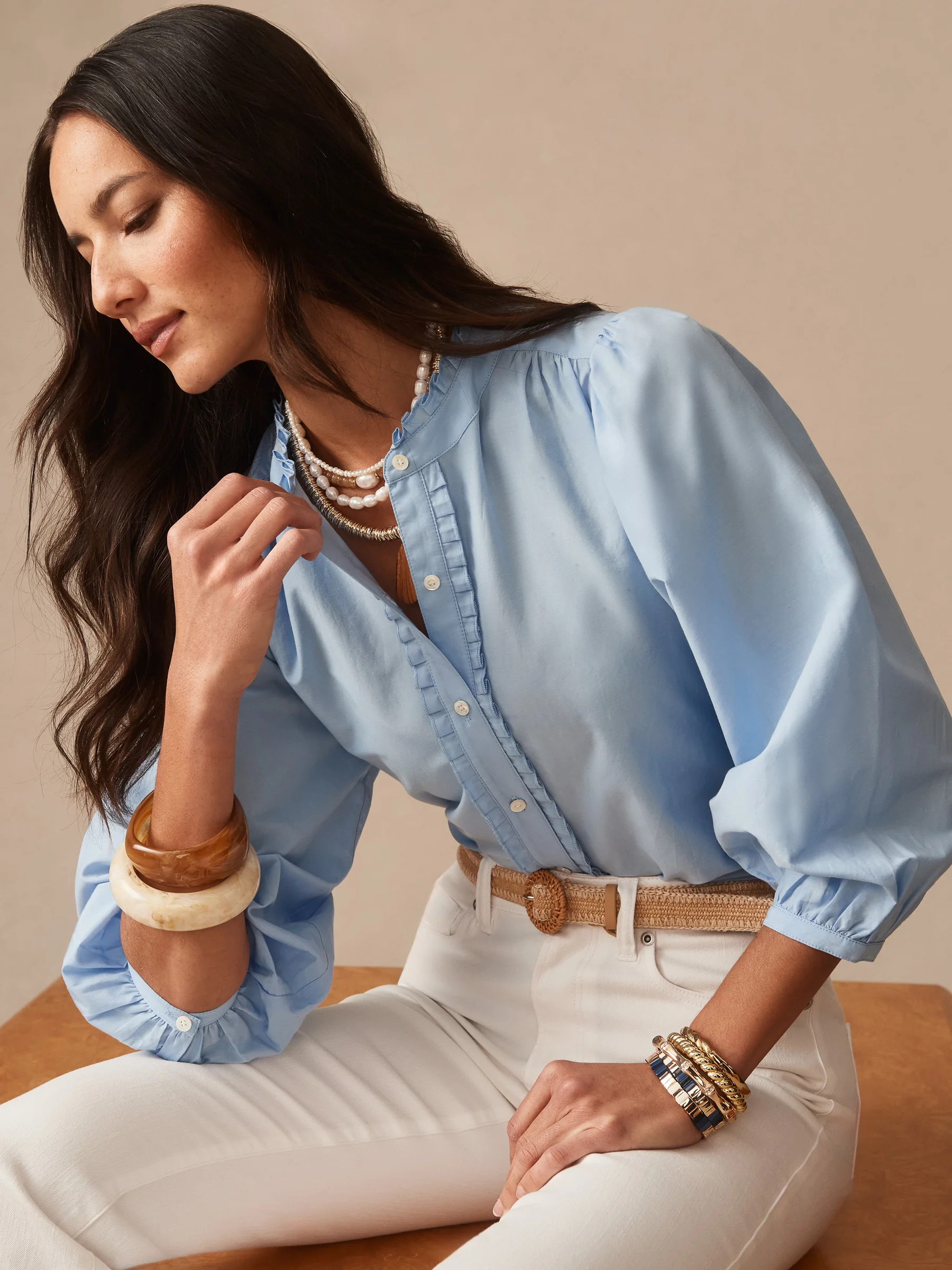 Spring_Blue Solid Josette Blouse | Women's Tops | J.McLaughlin | J.McLaughlin